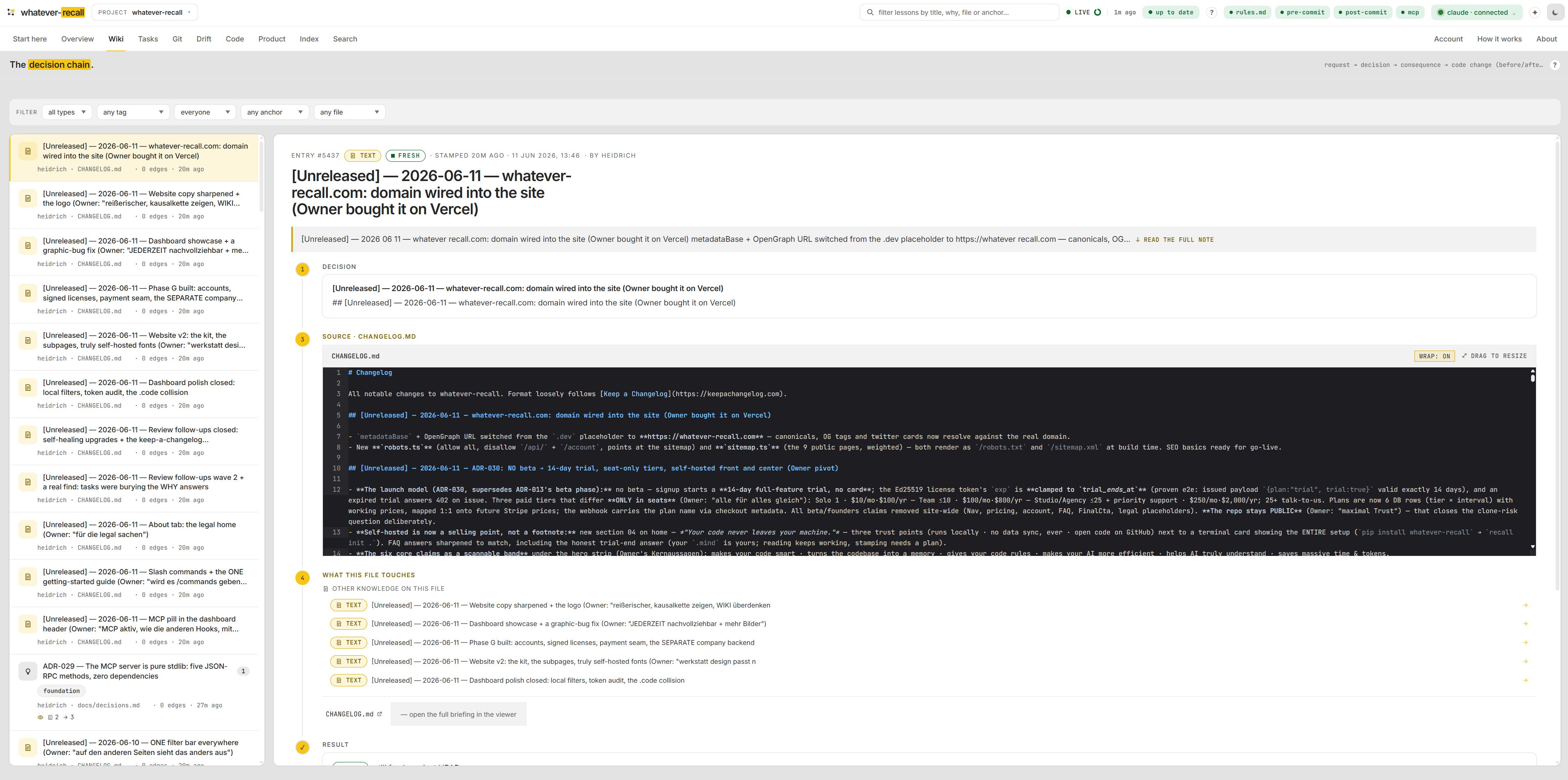 Causal chains, walkable. — the Wiki tab of the recall dashboard