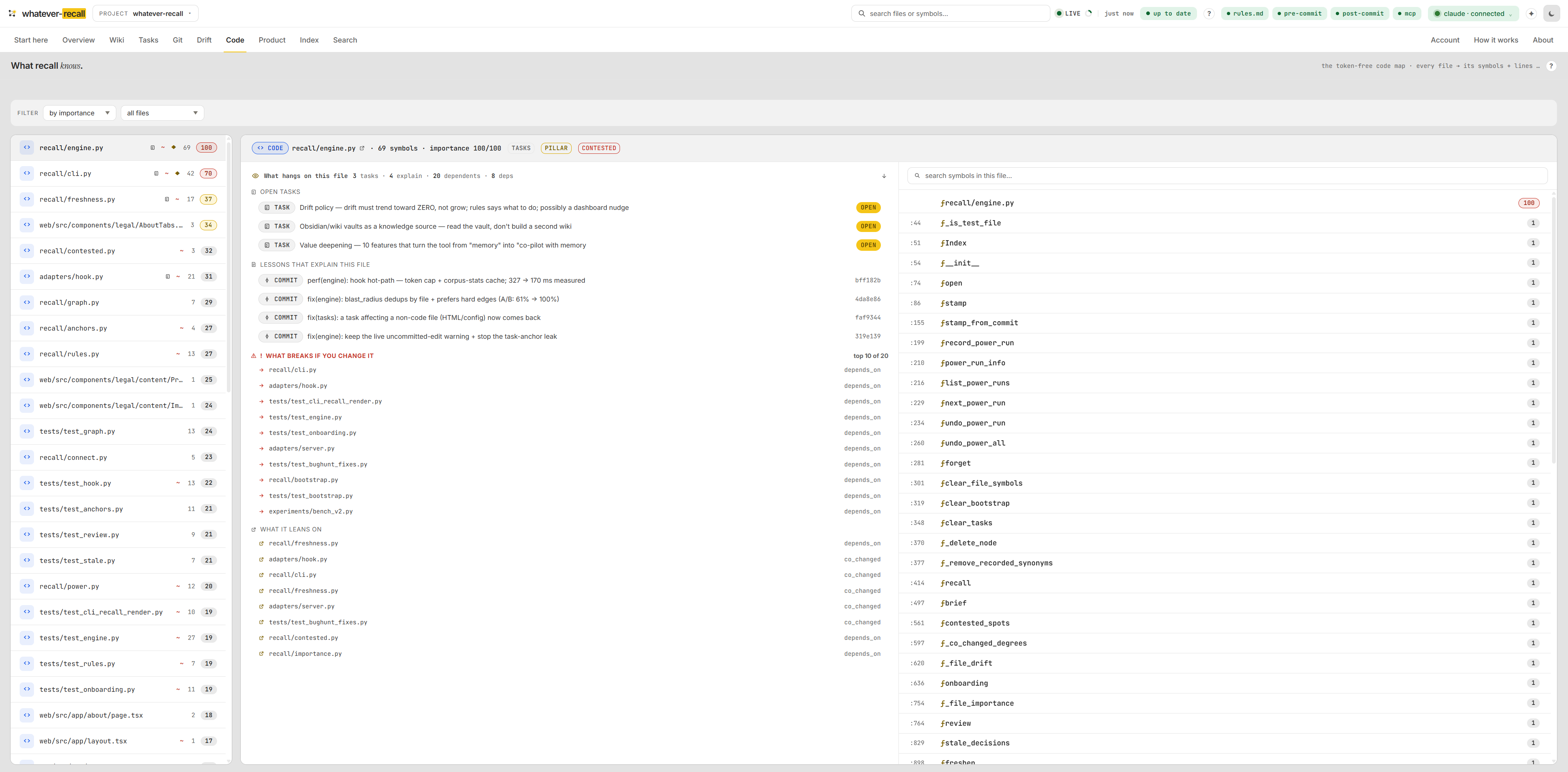 The wiring in your code. — the Code tab of the recall dashboard