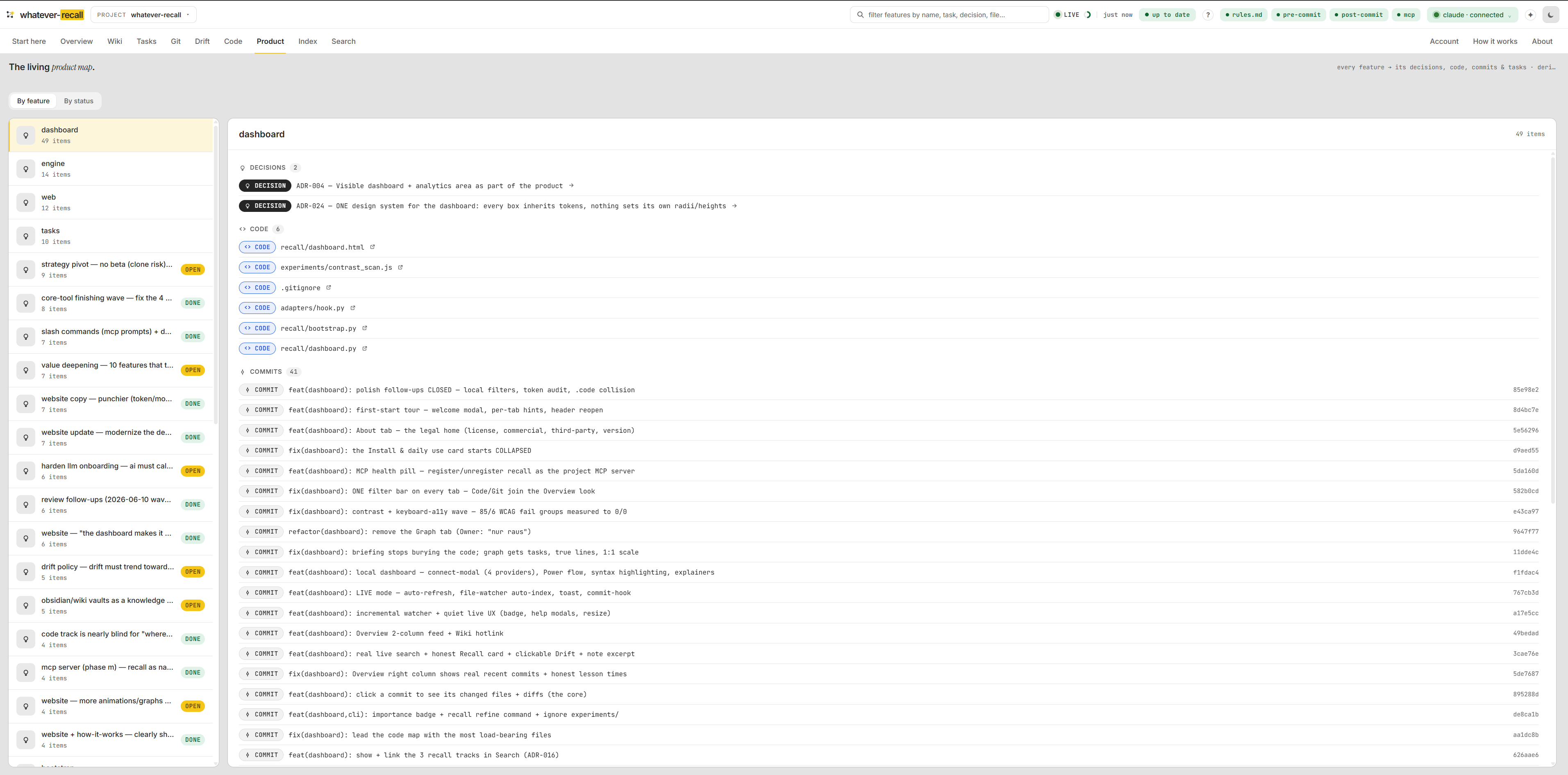 Every decision, in one place. — the Product tab of the recall dashboard