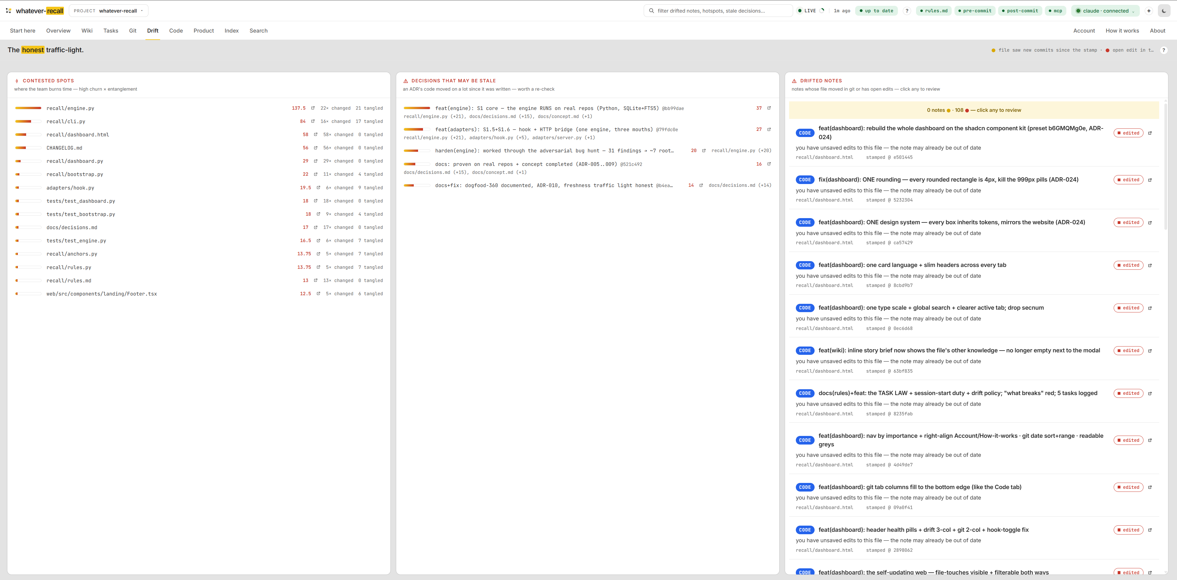 The drift traffic-light. — the Drift tab of the recall dashboard