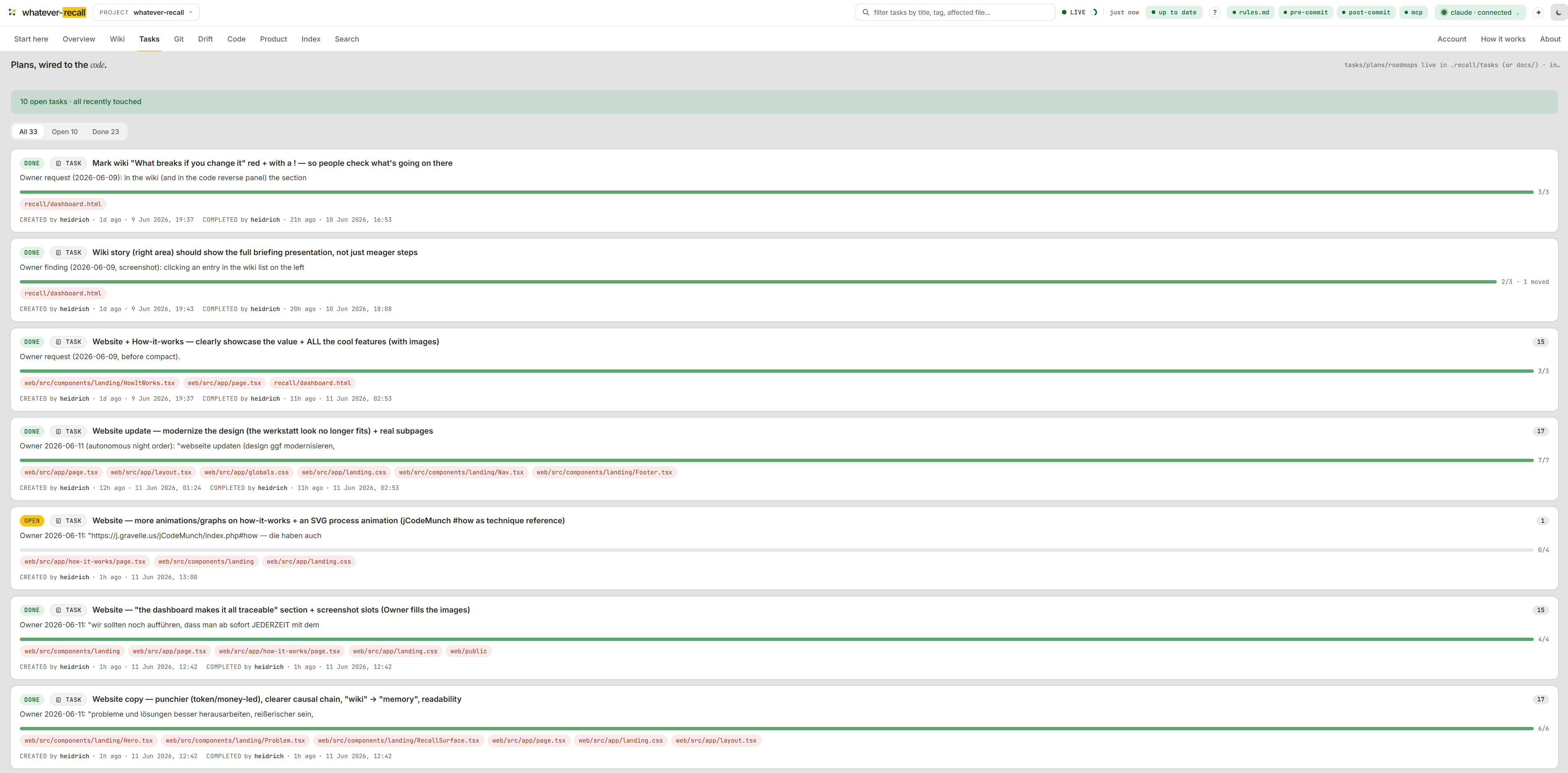 Plans & tasks, wired to the code. — the Tasks tab of the recall dashboard